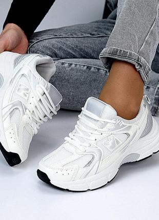 Белые текстильные миксовые дышащие женские кроссовки прогулочные и в спортзал 20036