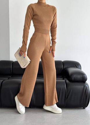 Турція трикотажний костюм вкорочений светр джемпер кофта + штани палаццо кльош вільного крою гарна якість