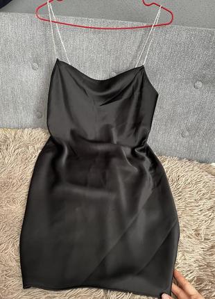 Черное стразы  брители атласное платье в бельевом стиле нежное ткань 🔥короткое мини женское коктейльное вечернее2 фото
