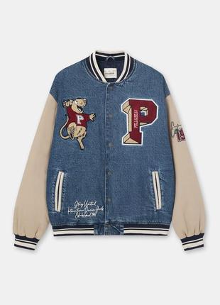 Джинсова куртка-бомбер pull&bear в університетському стилі 6