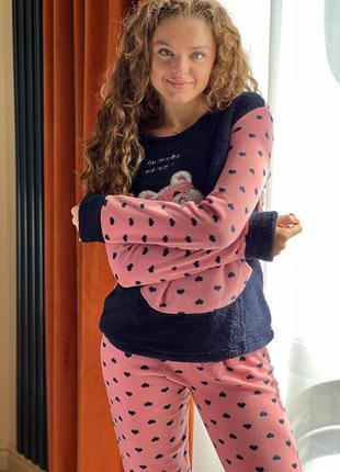 Пижама женская флис махра кофта и штаны принт горохи туречня 3 цвета4 фото