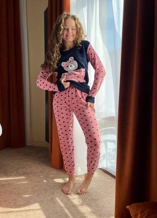 Пижама женская флис махра кофта и штаны принт горохи туречня 3 цвета5 фото