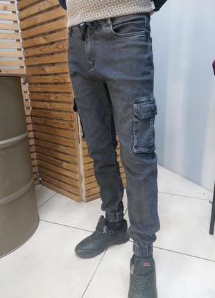 Джинсы мужские карго джоггеры baron темно серого цвета ( пояс на резинке, низ на манжете, боковые карманы)4 фото