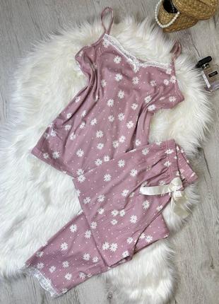 Рожева в рубчик піжама/домашній костюм в рубчик майка і штани 42-50