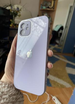 Чехол на айфон 12 нежно-фиолетовый, стеклянный
