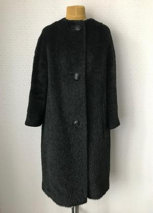 Стильное темно-темно зеленое длинноворсное пальто (уверена, что альпака), размер 48-50-52-54