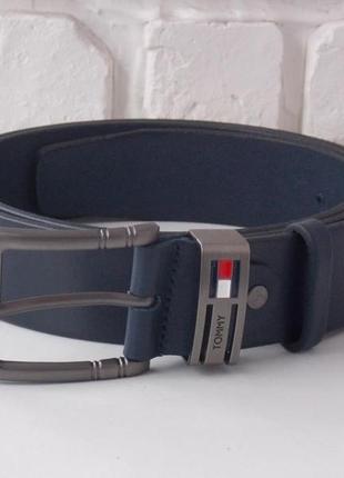Кожаный мужской ремень tommy hilfiger синий + коробка