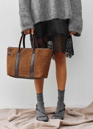Женская сумка коричневая сумка тедди сумка пушистая зимняя сумка тоут1 фото