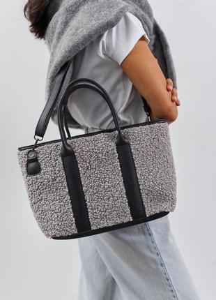 Женская сумка серая сумка тедди-сумка пушистая сумка зимняя сумка тоут1 фото
