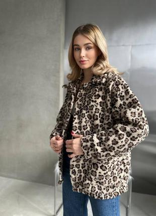 Женская теплая куртка, курточка, пиджак рубашка на пуговицах, искусственный мех тедди, леопард