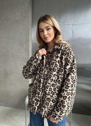 Жіноча тепла куртка, курточка, піджак сорочка на гудзиках, штучне хутро тедді, леопард