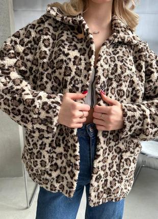 Жіноча тепла куртка, курточка, піджак сорочка на гудзиках, штучне хутро тедді, леопард