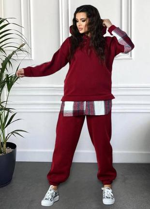 Женский теплый спортивный комбинированный костюм, прогулочный бордовый костюм, большие размеры