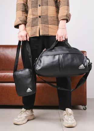 Комплект сумка груша кожзам + борсетка кожзам, adidas черный (белые лого)⚡️