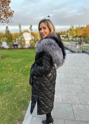 Зимний тренч с чернобуркой пальто длинное с натуральным мехом чернобурки8 фото