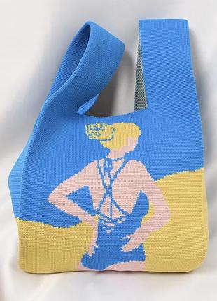 Тренд стильна жовто блакитна жіноча в'язана текстильна сумка шопер2 фото