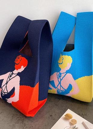 Тренд стильна жовто блакитна жіноча в'язана текстильна сумка шопер5 фото