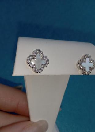 Серебряные серьги ван клиф van cleef клевер белые перламутр