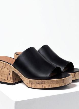 Мюли на пробковой подошве чёрные кожаные zara, на каблуке кожа винтаж шлепки скидки 1+1=3