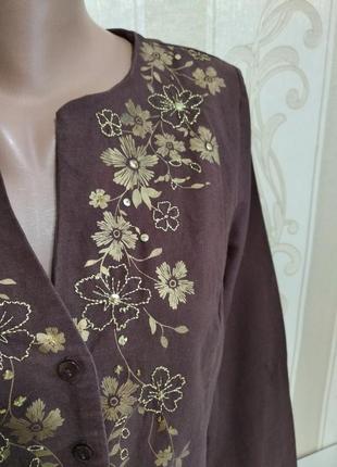 Блуза блузка лён из золотым принтом и вышивкой6 фото