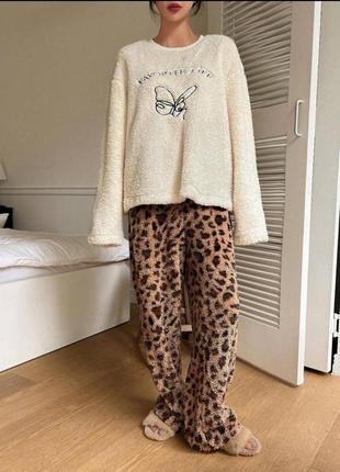 Пижама из меха махровая с принтом леопард свитшот кофта оверсайз брюки свободный комплект белый для сна для дома зимняя тепла