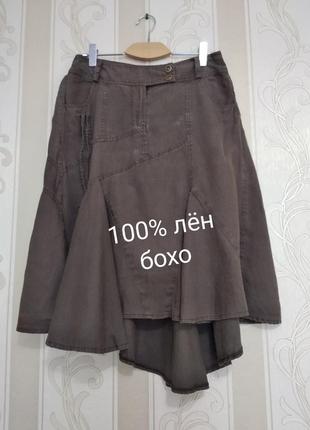 Шикарная льняная юбка бохо, хаки, ассиметрия, pescara1 фото