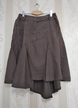 Шикарная льняная юбка бохо, хаки, ассиметрия, pescara2 фото