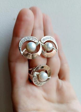 Серьги + кольцо натуральный жемчуг, серебро 925 дсту + золото 375 дсту, набор жемчуг, украина4 фото