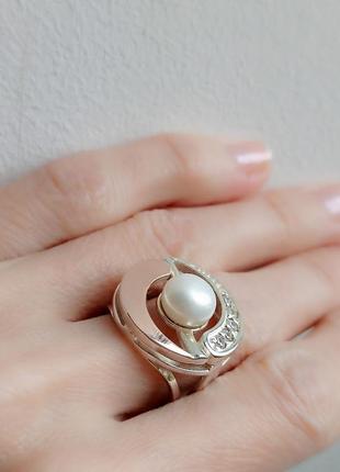 Серьги + кольцо натуральный жемчуг, серебро 925 дсту + золото 375 дсту, набор жемчуг, украина5 фото