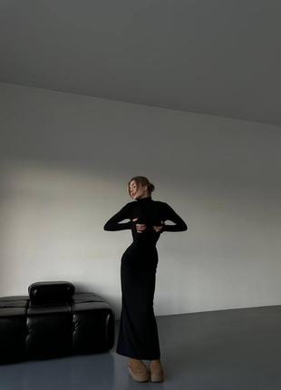 Жіноча чорна довга облягаюча стильна сукня з довгим рукавом турецька щільна віскоза 20243 фото