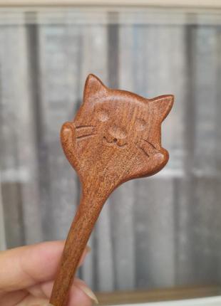 Мила дерев'яна китайська паличка для волосся котик кіт кішка4 фото