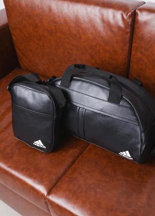 Комплект сумка груша шкірзам + барсетка шкірзам, adidas чорний (білі лого)