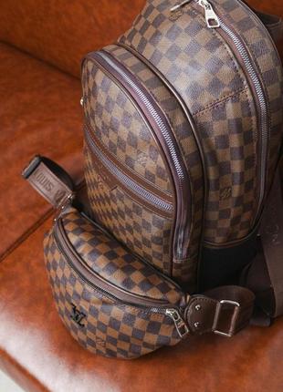 Комплект рюкзак + бананка louis vuitton коричнева клітка2 фото