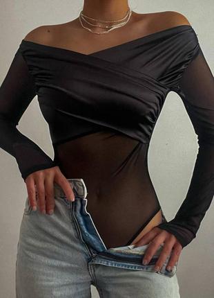 Женский черный сексуальный элегантный боди сетка с драпировкой, комбидресс1 фото