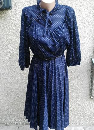 Винтажное темно-синее платье плисе в белые горохи,на подкладке, charles voegele