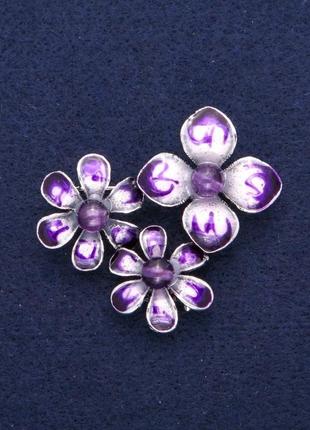 Брошь кулон цветы с аметистом и фиолетовой эмалью, серебристый металл 36х46мм