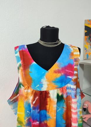Стильное батальное платье трапеция, миди в стиле тайдай разноцветный3 фото