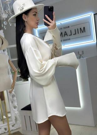 Накладний платіж ❤ святкова молочна сукня сорочка сатинова з рукавами ліхтариками  на гумці4 фото