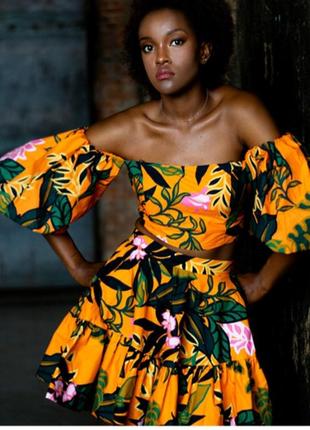 Новая юбка клеш тропический принт h&m хлопковпя юбка баллон клешная цветочный принт