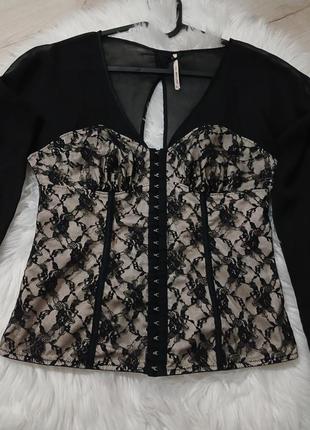Шикарна корсетна блуза блузка бежево-чорна мереживна5 фото