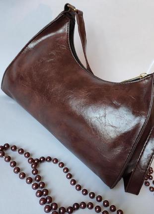 Классическая сумочка багет на плечо (темно-коричневая)3 фото