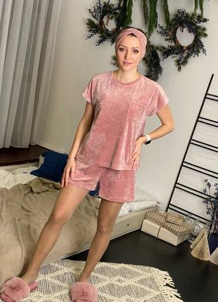 Костюм домашний пижама женский велюр (шорты+футболка) xs/s/m/l/xl-5xl пудра (светло-розовый)1 фото