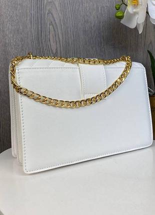 Модная женская мини сумочка на цепочке белая золотистая7 фото