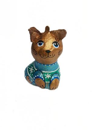 Ялинкова прикраса скульптурна "котик в синьому светрику" ручної роботи, handmade милий декор