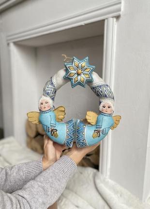 Різдвяний віночок срібно-блакитний текстильний «з ангеликами» ручної роботи, handmade святковий зимовий декор2 фото
