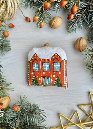 Сувенір текстильний ванільний ароматизований "хатинка помаранчева з ялинками" ручної роботи, handmade декор