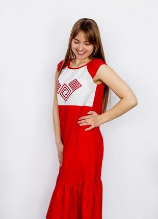 Сукня сарафан червона жіноча літня лляна "infinity" з рюшею ручної роботи з якісною машинною вишивкою4 фото
