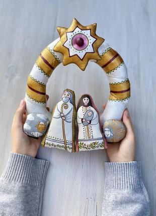 Різдвяний віночок срібний текстильний «свята родина» ручної роботи, handmade святковий зимовий декор1 фото