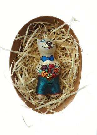 Ялинкова іграшка скульптурна "ведмедик з квітами" ручної роботи, handmade милий святковий декор4 фото