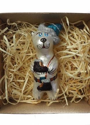 Ялинкова іграшка скульптурна "ведмедик з ковзанами" ручної роботи, handmade милий святковий декор4 фото
